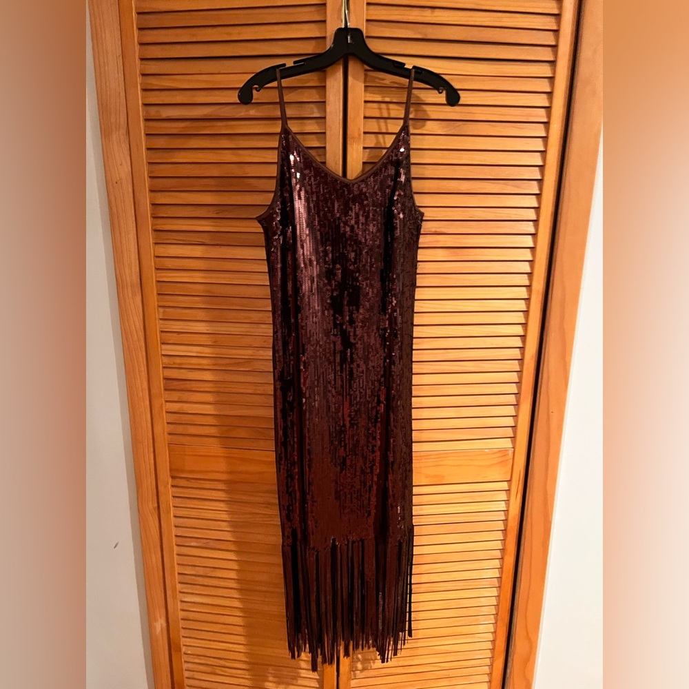 New Nanette Lepore V-neck brown Sequin Fringe Dress size 14